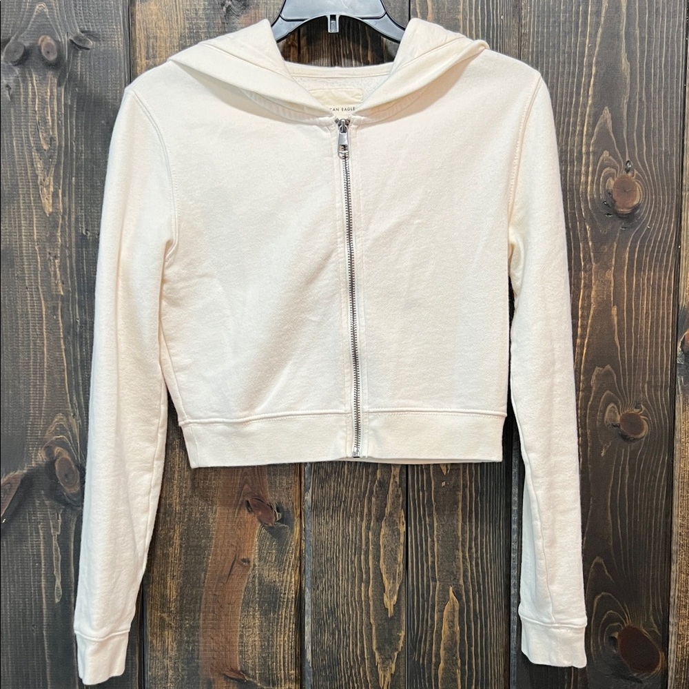 American Eagle Cropped Hooded Jacket S Cream Full Zip Y2K Soft Fleece Vtg Style‎
